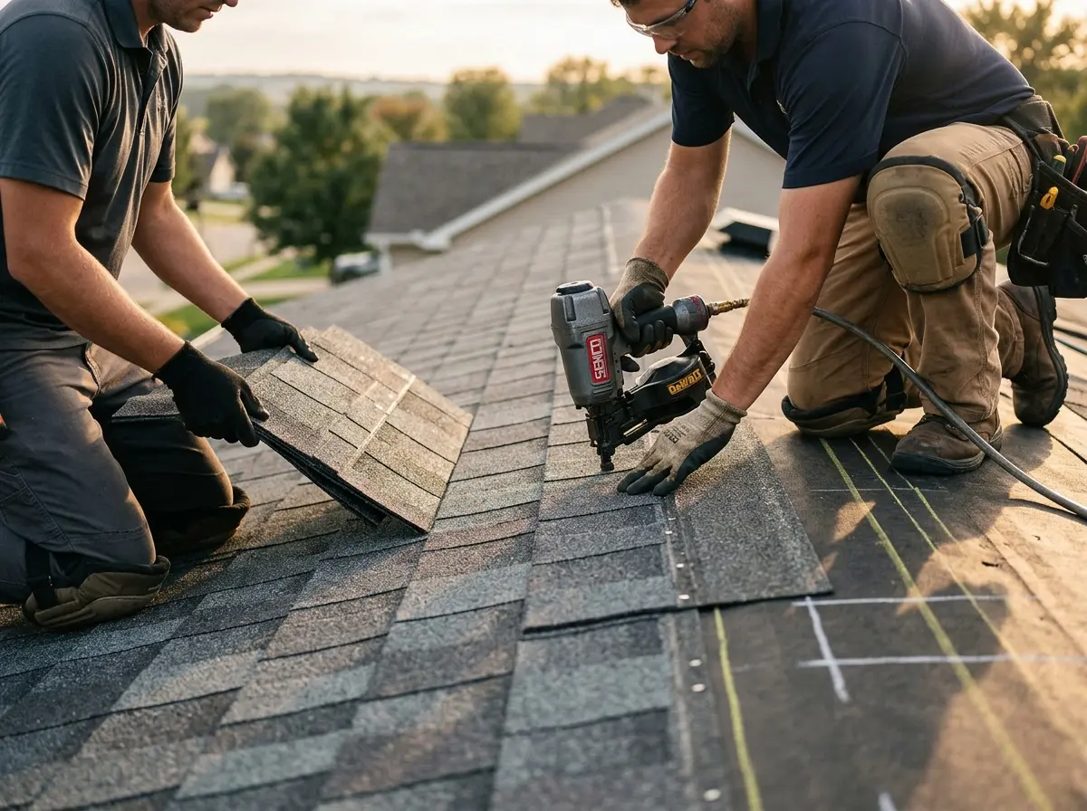 Professional roofer working on a residential roof in Lewistown